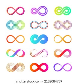 Flat eternity icons. Endless infinity eternal concept symbols, isolated mobius loop colorful collection. Infinite loops, graphic cycle tattoo tidy vector signs