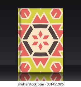 Flat ethnic pattern. Colorful geometrical ornament tiles. EPS 10 vector illustration with mockup of title sheet or book cover. Can be used as background for web of applications.
