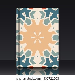 Flat ethnic pattern. Colorful geometrical ornament tiles. EPS 10 vector illustration with mockup of title sheet or book cover. Can be used as background for web of applications.