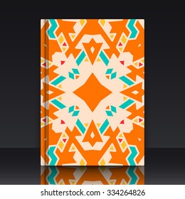 Flat ethnic pattern. Colorful geometrical ornament tiles. EPS 10 vector illustration with mockup of title sheet or book cover. Can be used as background for web of applications.