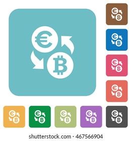 Flat Euro Bitcoin exchange icons on rounded square color backgrounds.
