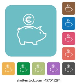 Flat Euro piggy bank icons on rounded square color backgrounds.