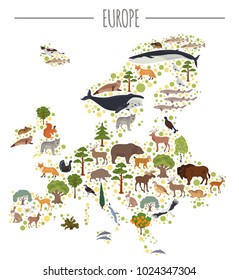 Flat European flora and fauna map constructor elements. Animals, birds and sea life isolated on white big set. Build your own geography infographics collection. Vector illustration