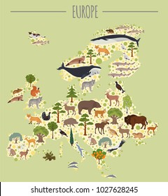 Flat European flora and fauna map constructor elements. Animals, birds and sea life isolated on white big set. Build your own geography infographics collection. Vector illustration