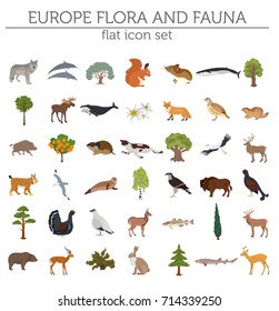 Flat European flora and fauna map constructor elements. Animals, birds and sea life isolated on white big set. Build your own geography infographics collection. Vector illustration