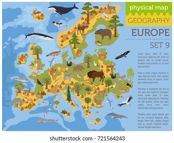 Flat European flora and fauna map constructor elements. Animals, birds and sea life isolated on white big set. Build your own geography infographics collection. Vector illustration