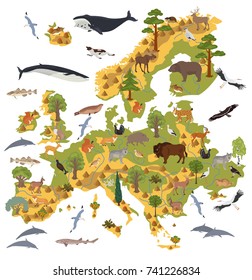 Flat European flora and fauna map constructor elements. Animals, birds and sea life isolated on white big set. Build your own geography infographics collection. Vector illustration