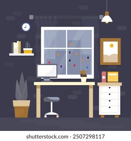 flat evening room with workspace, table, computer, window
 