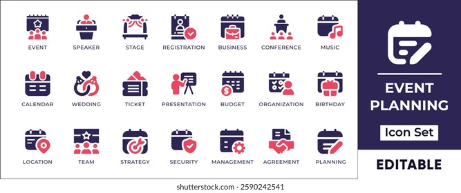 Flat event planning icon set featuring calendar scheduling, venue management, invitations, meetings, conferences, wedding planning, corporate events, and time management.