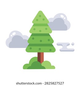Flat evergreen tree surrounded by low gray fog and mist.