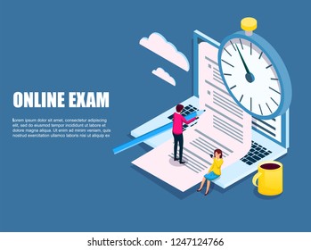 flat exam Isometric online. , content for creative blog post. Blogger character. Can use for web banner, infographics, hero images. Flat isometric character, vector illustration 