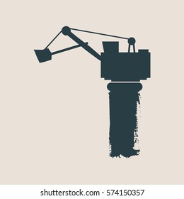 Flat excavator on grunge brush stroke. Abstract icon. Vector Illustration.