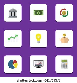 Flat Exchequer Set Of Bank, Greenback, Bulb And Other Vector Objects. Also Includes Greenback, Arrow, Swap Elements.