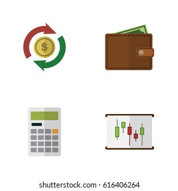 Flat Exchequer Set Of Billfold, Calculate, Interchange And Other Vector Objects. Also Includes Wallet, Diagram Elements.