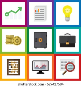 Flat Exchequer Set Of Cash, Growth, Scan And Other Vector Objects. Also Includes Coin, Monitor, Chart Elements.
