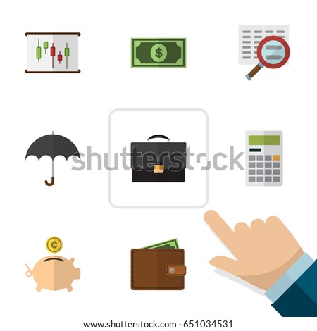 Flat Exchequer Set Of Diagram, Calculate, Parasol And Other Vector Objects. Also Includes Diplomat, Bank, Wallet Elements.