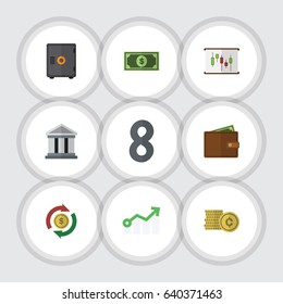 Flat Exchequer Set Of Growth, Cash, Strongbox And Other Vector Objects. Also Includes Report, Exchange, Cash Elements.
