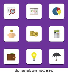 Flat Exchequer Set Of Parasol, Calculator, Billfold And Other Vector Objects. Also Includes Umbrella, Calculate, Search Elements.