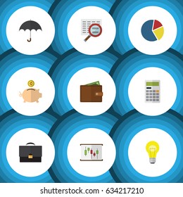 Flat Exchequer Set Of Portfolio, Money Box, Diagram And Other Vector Objects. Also Includes Scan, Beach, Diplomat Elements.