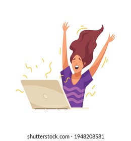 Flat excited woman watching online music content on laptop at home vector illustration