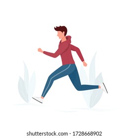 Ilustración de ejercicio plano del hombre que corre usando chaqueta roja y pantalones de jogging azules. Deporte. El buen estado físico. Caricatura sobre el vector de fondo blanco.