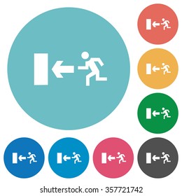 Flat exit icon set on round color background.