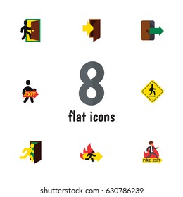 Flat Exit Set Of Direction Pointer, Exit, Open Door And Other Vector Objects. Also Includes Board, Directional, Fire Elements.