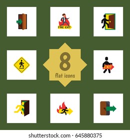 Flat Exit Set Of Open Door, Directional, Exit And Other Vector Objects. Also Includes Emergency, Board, Entry Elements.
