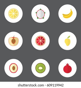 Flat Exotic Dessert, Jungle Fruit, Pitaya And Other Vector Elements. Set Of Fruit Flat Symbols Also Includes Jungle, Orange, Garnet Objects.