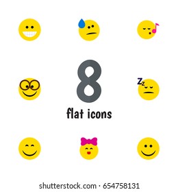 Flat Expression Set Of Asleep, Caress, Joy And Other Vector Objects. Also Includes Laugh, Sleeping, Asleep Elements.
