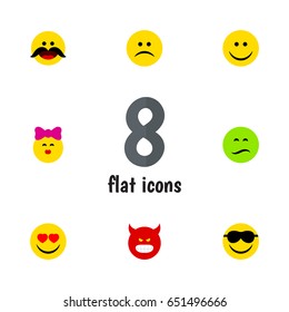 Flat Expression Set Of Caress, Joy, Pouting And Other Vector Objects. Also Includes Frown, Pouting, Kiss Elements.