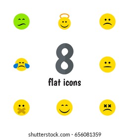 Flat Expression Set Of Displeased, Frown, Smile And Other Vector Objects. Also Includes Displeased, Hush, Smile Elements.