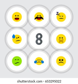 Flat Expression Set Of Frown, Hush, Cheerful And Other Vector Objects. Also Includes Emoji, Face, Sad Elements.