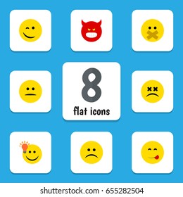 Flat Expression Set Of Pouting, Sad, Cross-Eyed Face And Other Vector Objects. Also Includes Winking, Face, Mood Elements.