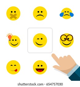 Flat Expression Set Of Sad, Laugh, Winking And Other Vector Objects. Also Includes Laugh, Delicious, Idea Elements.