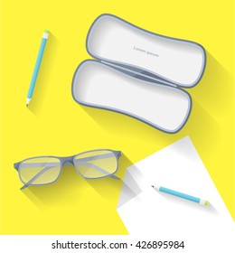 flat eyeglasses with case and pencils