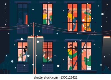 Flat facade view windows with young funny man and woman on holiday. Concept merry christmas, person character playing music and dancing. Vector illustration.