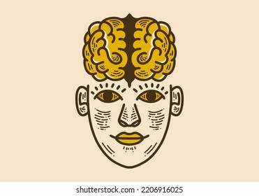 flat face with brain on it retro vintage art design