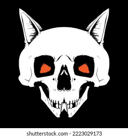 Flat face cat skull with fire in eyes logo 
