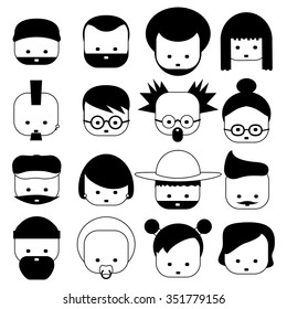 Flat face icons. Vector set. Stock illustration
