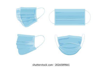 Flat face mask in different views isolated on white background. 3D blue medical face mask front, half, 2 per 3, and top view.