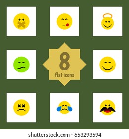 Flat Face Set Of Cheerful, Hush, Cross-Eyed Face And Other Vector Objects. Also Includes Delicious, Frown, Silent Elements.
