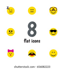 Flat Face Set Of Cheerful, Smile, Asleep And Other Vector Objects. Also Includes Sunglasses, Dizzy, Displeased Elements.
