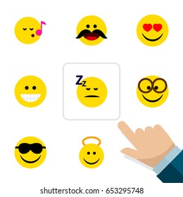 Flat Face Set Of Love, Angel, Grin And Other Vector Objects. Also Includes Emoji, Whiskers, Cheerful Elements.