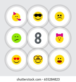 Flat Face Set Of Love, Frown, Pleasant And Other Vector Objects. Also Includes Eyes, Happy, Emoji Elements.