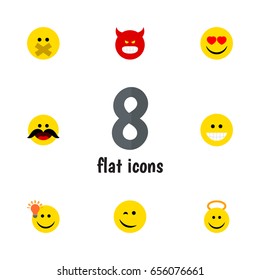Flat Face Set Of Winking, Cheerful, Angel And Other Vector Objects. Also Includes Grin, Winking, Angel Elements.