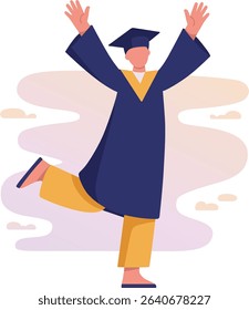 Flat faceless character jumping with joy in graduation gown. Minimal vector style, ideal for animation and educational content.