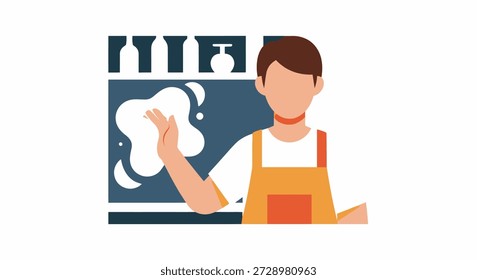 Flat, faceless person wiping a surface with bottles behind them