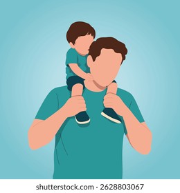 Flat faceless vector of a father holding his children on his shoulders with a sky blue background. Perfect for Father's Day greeting cards and social media posts.