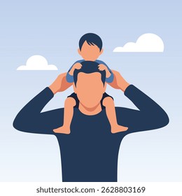 Flat faceless vector of a father holding his children on his shoulders with a sky blue background. Perfect for Father's Day greeting cards and social media posts.